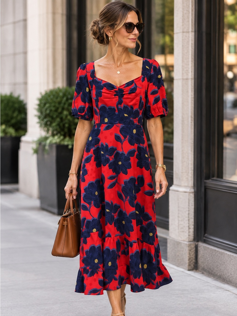 DRAPER JAMES Women's Red Navy Magnolia Floral Mono Dot Puff Sleeves Midi Dress 8